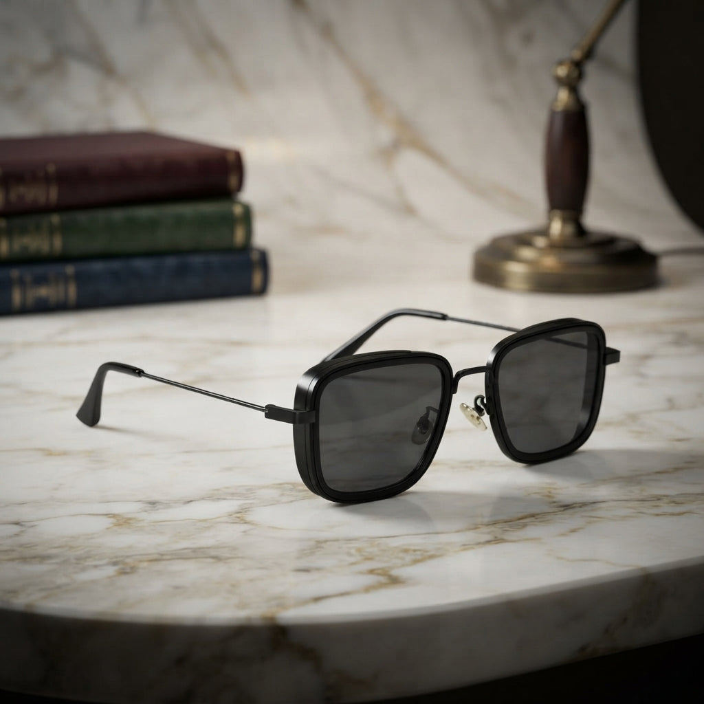 Men's Retro Square Matte Black Sunglasses | Steampunk Inspired Metal Frame