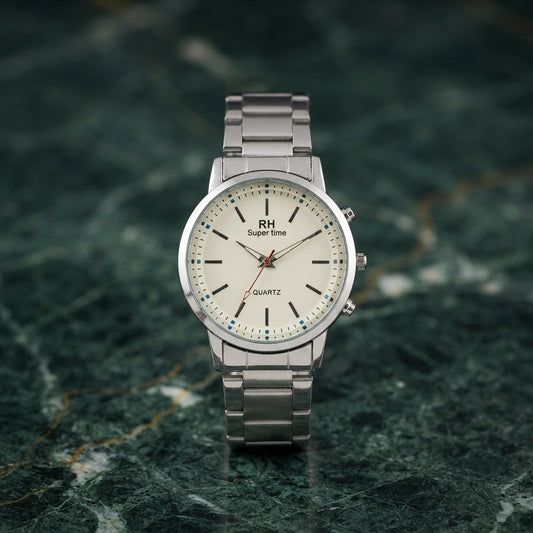 RH Super Time Men’s Stainless Steel Quartz Watch with Off-White Dial