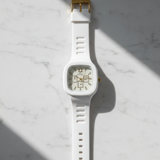 AW Collection white silicone watch flat lay on marble