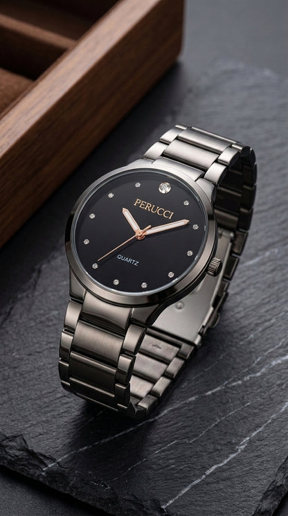 Perucci Minimalist Quartz Watch – Premium Gunmetal Finish with Diamond Dial