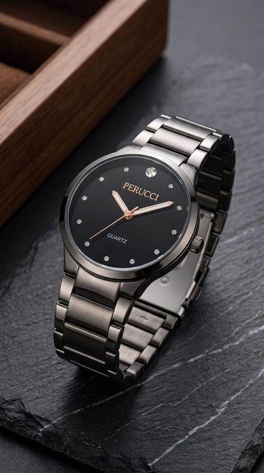 Perucci Minimalist Quartz Watch – Premium Gunmetal Finish with Diamond Dial