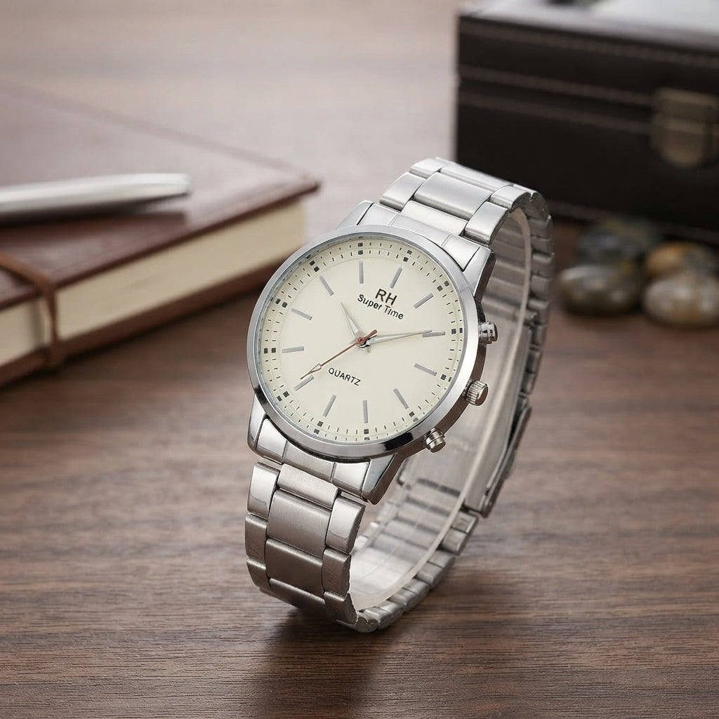 RH Super Time Men’s Stainless Steel Quartz Watch with Off-White Dial