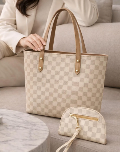 Women's Beige Checkered Leather Handbag Set 2 Pcs Top Handle