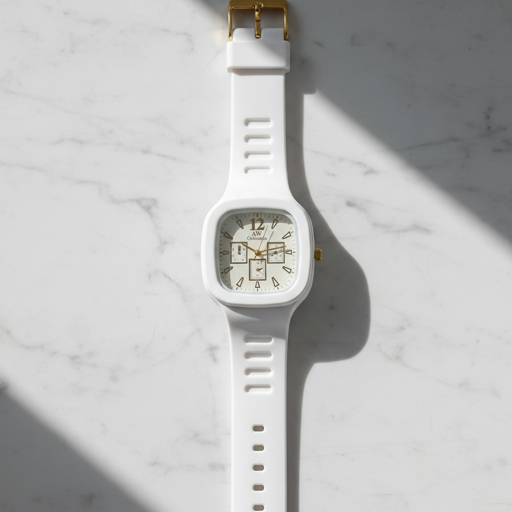AW Collection white silicone watch flat lay on marble