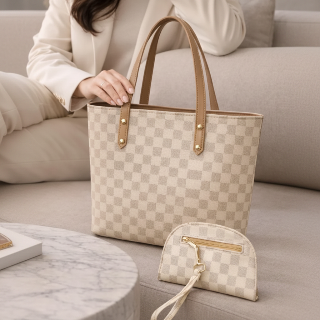 Beige Checkered Handbag Set lifestyle